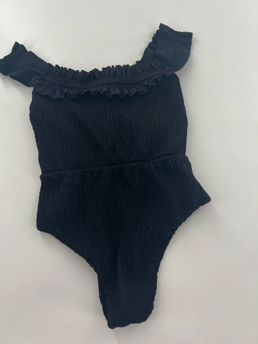 Devon Windsor Valentina‎ Smocked Off-Shoulder Black One-Piece Swimsuit resort